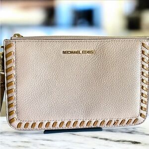 Michael Kors whipstitch Lauryn large wristlet in oyster and tan pebble Leather